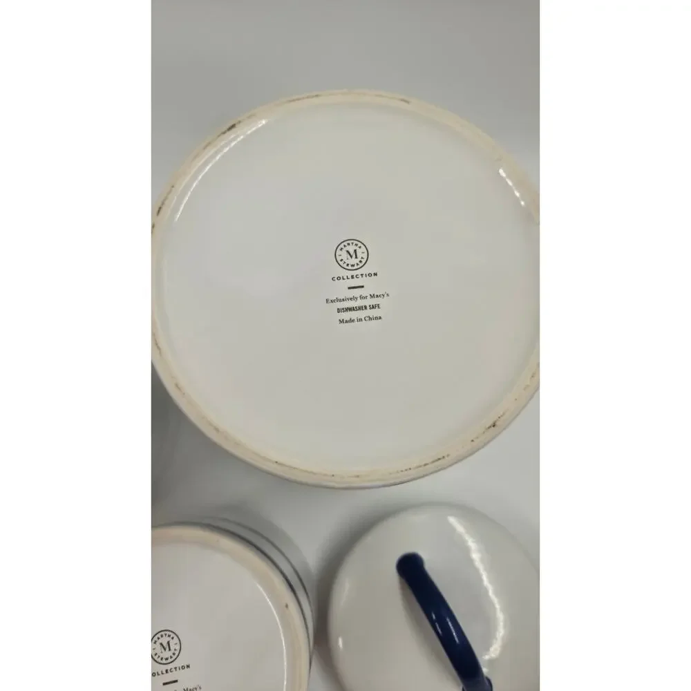 Martha Stewart Farmhouse White w/ Blue Stripe Ceramic Canister Set